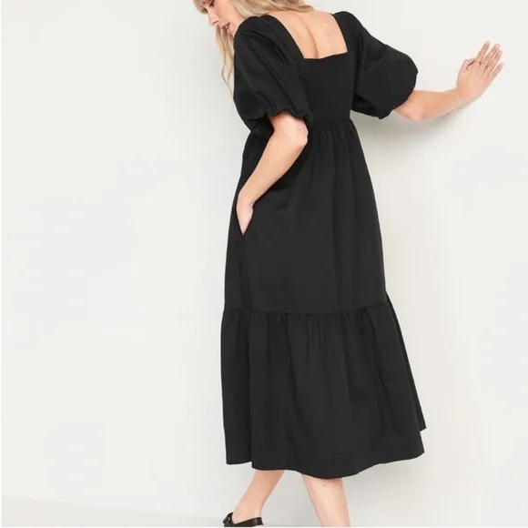 NWT Old Navy Fit & Flare Puff-Sleeve Smocked All-Day Midi Dress, Black Size S - Picture 2 of 6